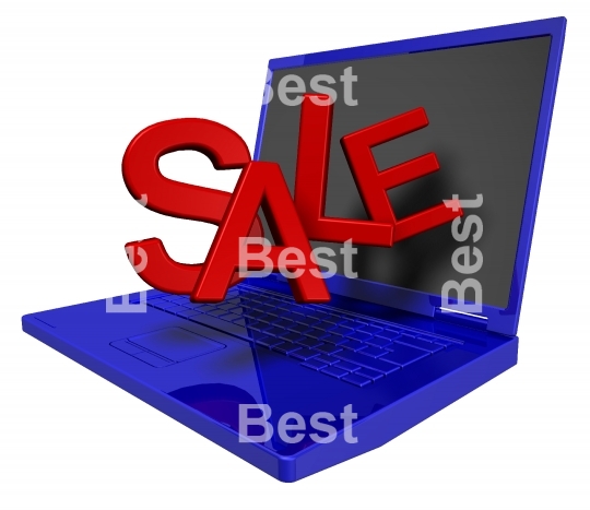 Shiny blue laptop with red sale sign isolated on white.