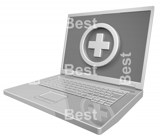 Shiny grey laptop with cross sign isolated on white. 