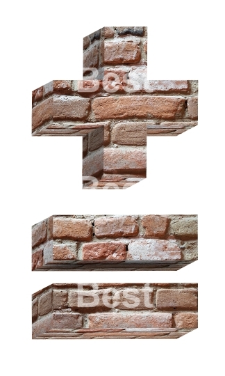 Signs from old brick alphabet set isolated over white.