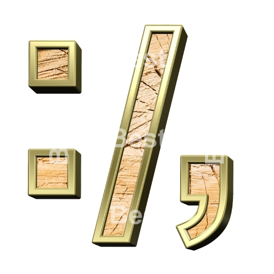 Signs from pine wood with gold frame alphabet set isolated over white.