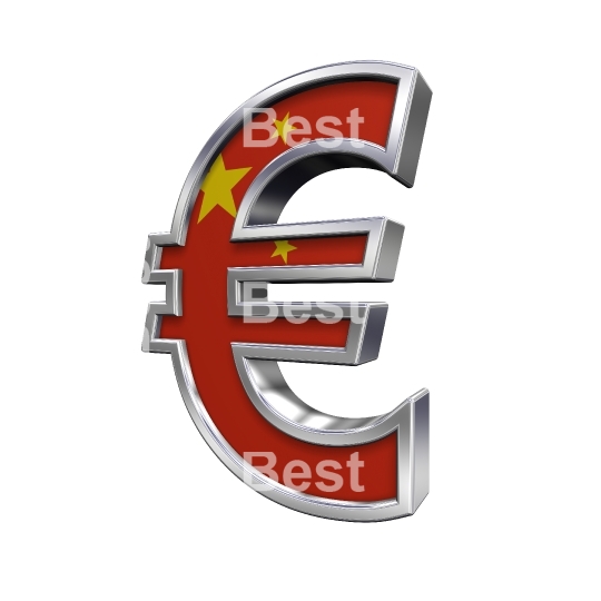 Silver Euro sign with China flag isolated on white.