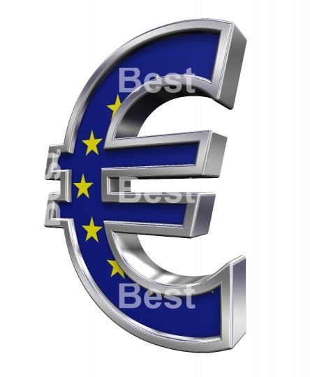 Silver Euro sign with european union flag isolated on white. 