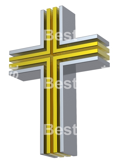 Silver with gold Christian cross isolated on white.