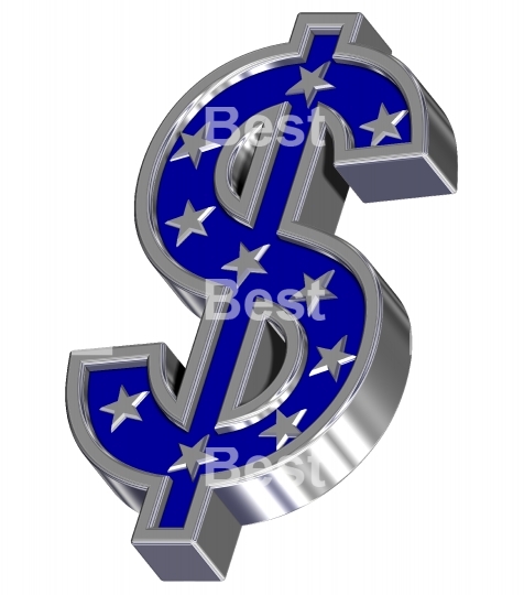 Silver-blue Dollar sign with stars isolated on white