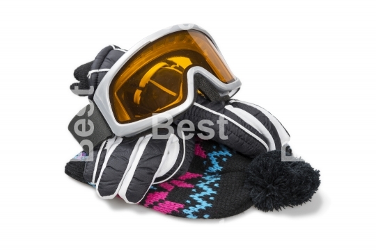 Ski gloves, cap and goggles