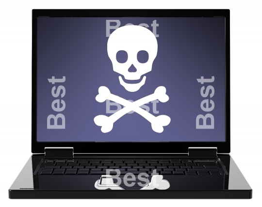 Skull and crossbones on the laptop screen.