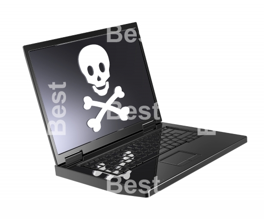 Skull and crossbones on the laptop screen.