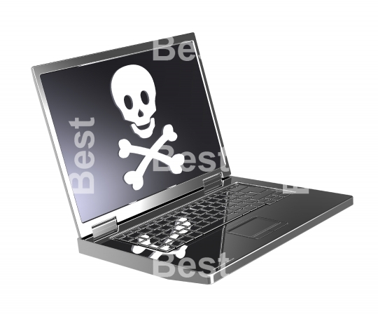 Skull and crossbones on the laptop screen.
