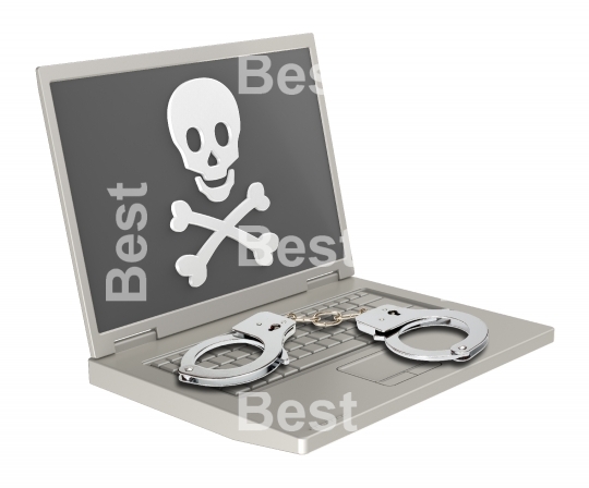 Skull and crossbones on the laptop screen with handcuffs.