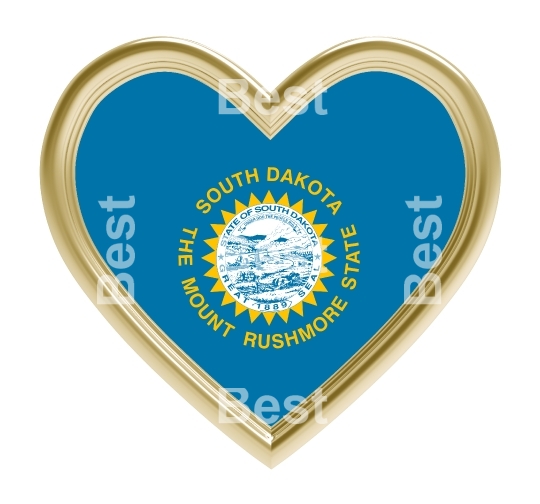 South Dakota flag in gold heart isolated on white background