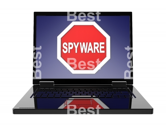 Spyware warning sign on laptop screen.