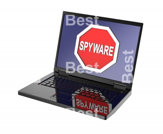 Spyware warning sign on laptop screen.