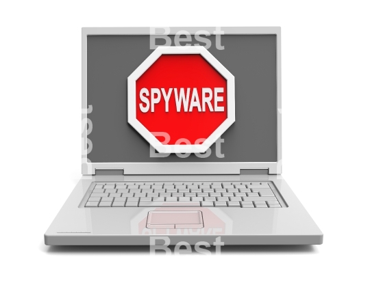 Spyware warning sign on laptop screen.