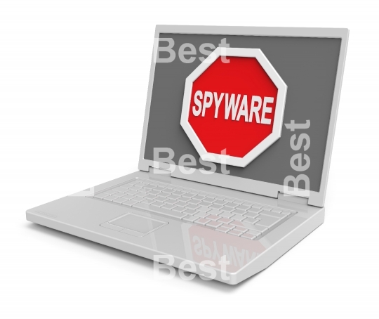 Spyware warning sign on laptop screen.