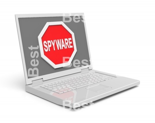Spyware warning sign on laptop screen.