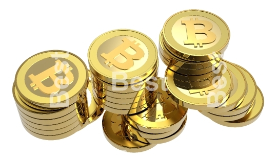 Stack of bitcoins isolated on white. 