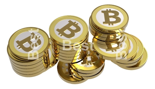 Stack of bitcoins isolated on white.