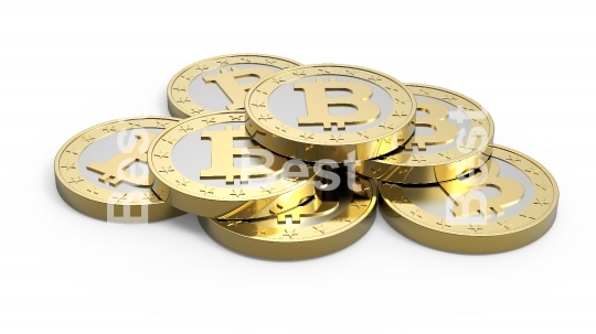 Stack of bitcoins isolated on white. 3D illustration.