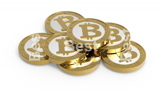 Stack of bitcoins isolated on white. 3D illustration.