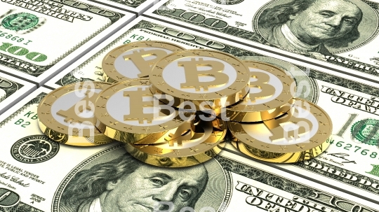 Stack of bitcoins with American dollar bills. 