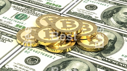 Stack of bitcoins with American dollar bills. 