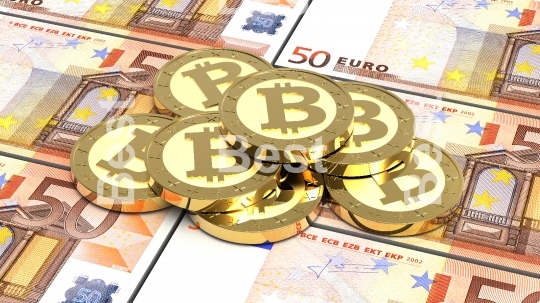Stack of bitcoins with Euro bills. 