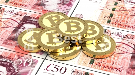 Stack of bitcoins with pound bills