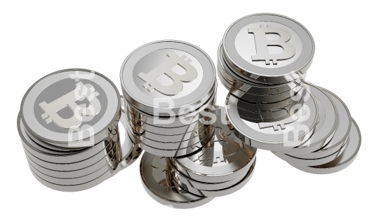 Stack of silver bitcoins isolated on white