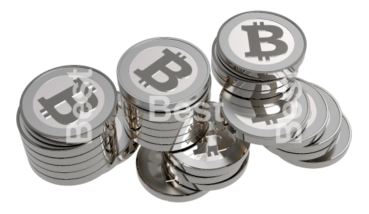 Stack of silver bitcoins isolated on white