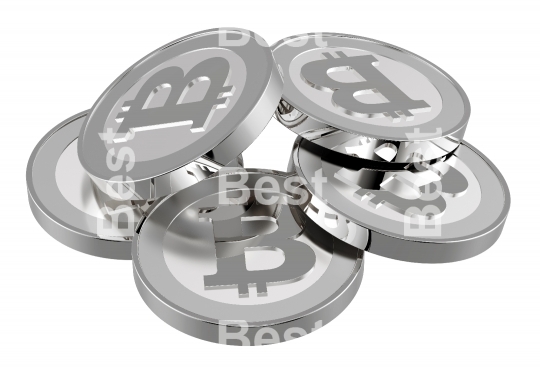 Stack of silver bitcoins isolated on white