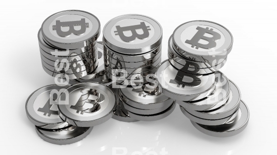 Stack of silver bitcoins isolated on white