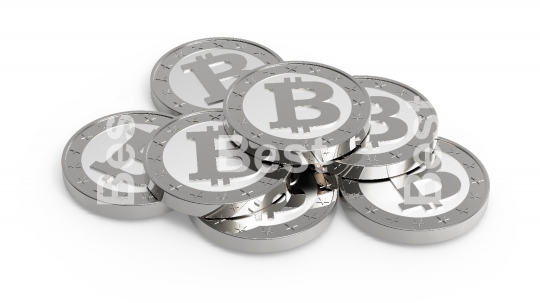 Stack of silver bitcoins isolated on white