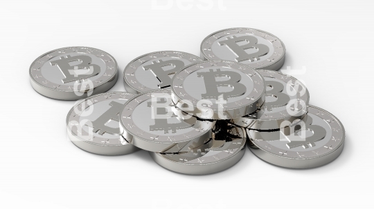 Stack of silver bitcoins isolated on white