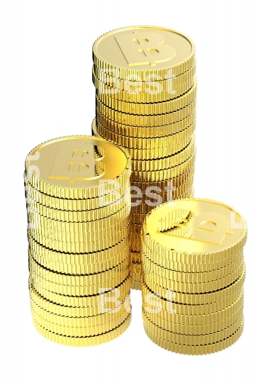 Stacks of gold baht coins isolated on a white background. 