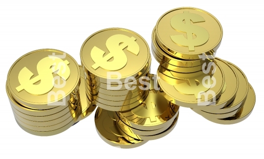 Stacks of gold coins isolated on a white background.