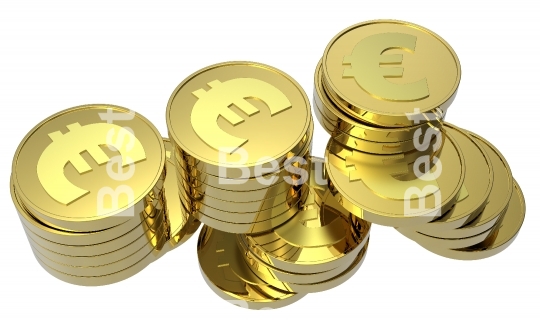 Stacks of gold coins isolated on a white background