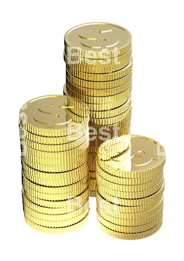 Stacks of gold dollar coins isolated on a white background.
