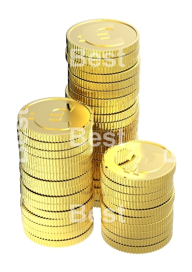 Stacks of gold euro coins isolated on a white background. 