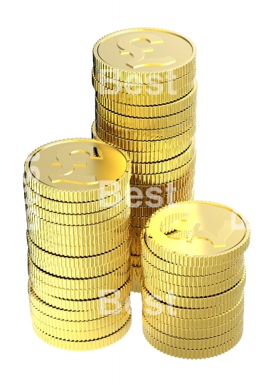 Stacks of gold pound coins isolated on a white background. 