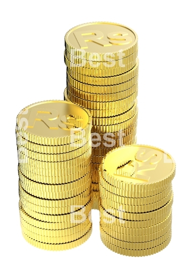 Stacks of gold rupee coins isolated on a white background. 