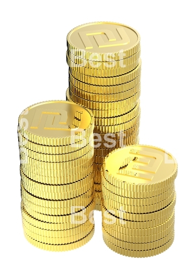 Stacks of gold shekel coins isolated on a white background. 