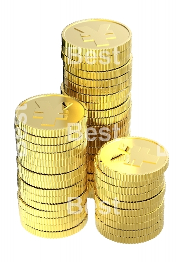 Stacks of gold Yen coins isolated on a white background. 