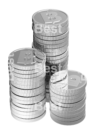 Stacks of silver baht coins isolated on a white background. 