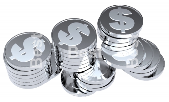 Stacks of silver coins isolated on a white background. 