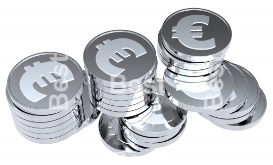 Stacks of silver coins isolated on a white background. 