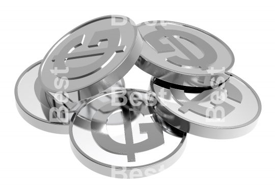 Stacks of silver coins isolated on a white background. 