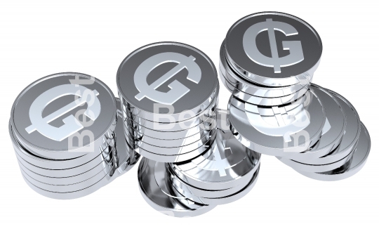 Stacks of silver coins isolated on a white background. 