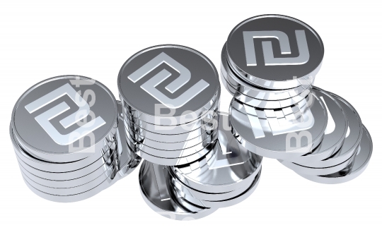 Stacks of silver coins isolated on a white background. 