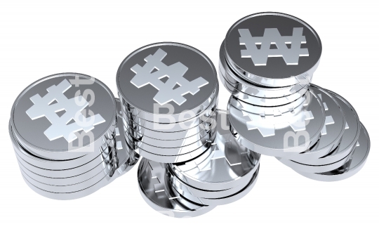 Stacks of silver coins isolated on a white background. 