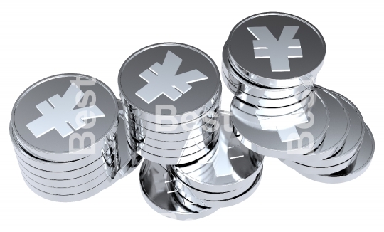 Stacks of silver coins isolated on a white background. 